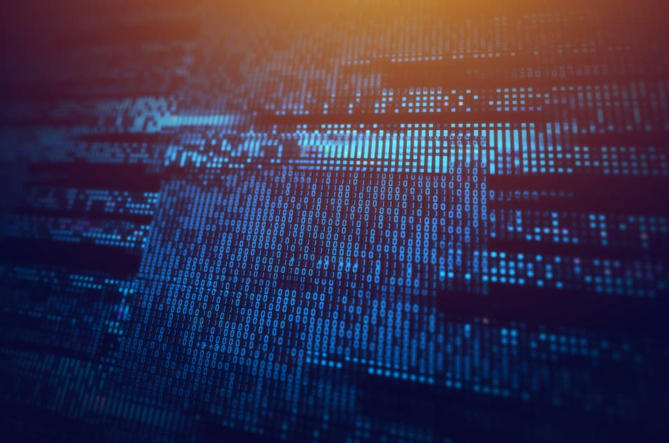 A digital illustration showing blue binary code patterns on a dark background, illuminated by a warm light from the top. The numerals create a textured, abstract design conveying a sense of technology and data.