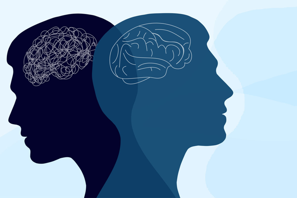 Illustration of two overlapping human silhouettes in profile. The left one has a tangled line representing a chaotic brain, while the right has an organized brain diagram, symbolizing a contrast between confusion and clarity.