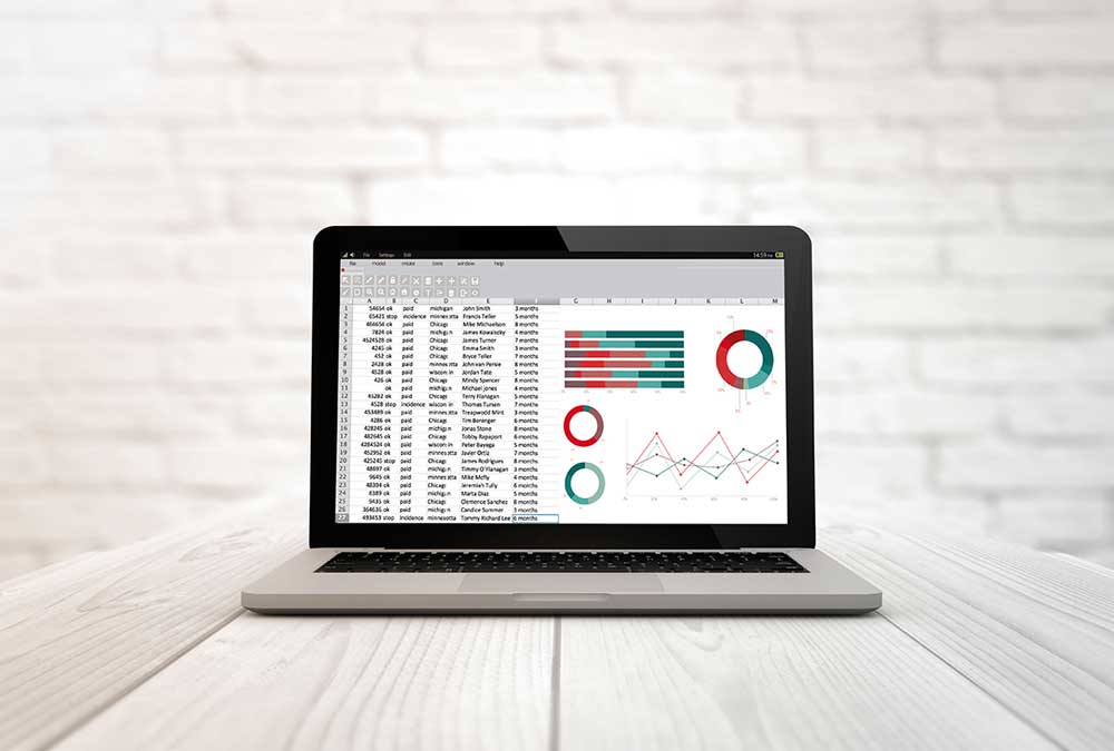 A laptop sits on a wooden table in front of a white brick wall. The screen displays a spreadsheet with financial data, bar charts, pie charts, and line graphs in various colors, indicating a data analysis or business report.