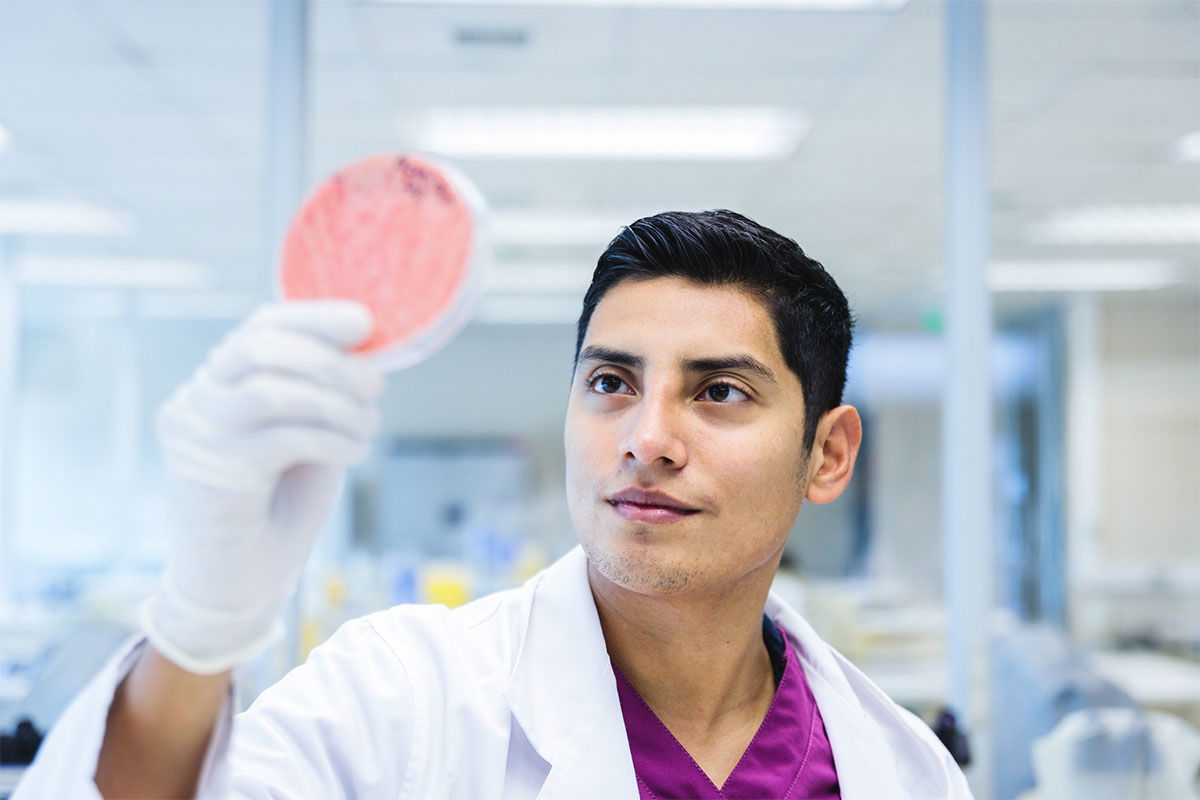 A scientist in a lab coat and gloves examines a petri dish with red culture. The lab setting features bright lighting and blurred equipment in the background.