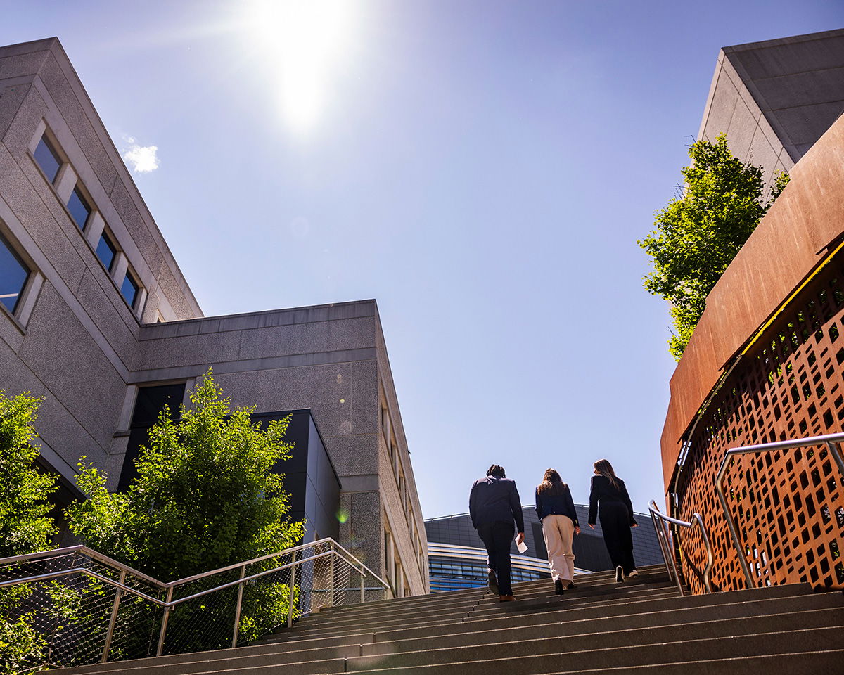 Three people walk up a set of wide concrete steps between modern buildings. The sun shines brightly in the clear blue sky, casting shadows. Green trees and a decorative metal structure are visible on the right side.