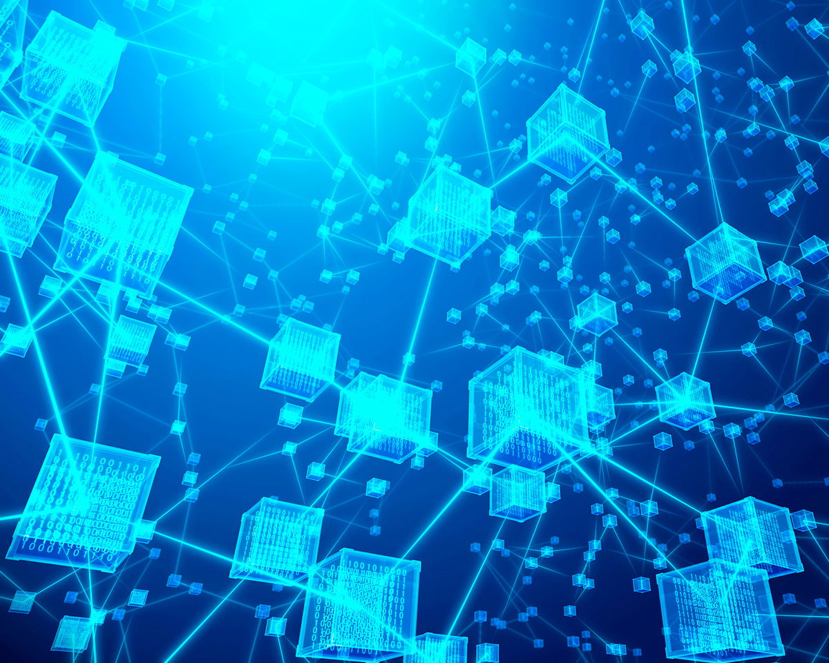 A digital illustration of a blue network with interconnected blocks, resembling blockchain technology on a dark blue background. The glowing blocks and lines form a complex web, symbolizing data connections.