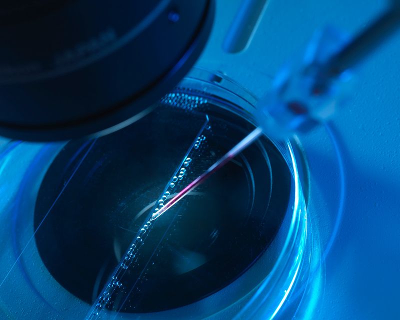 Close-up of a petri dish under a microscope with a thin needle inserted into the dish, likely showing a scientific process such as microinjection. The scene is bathed in blue light, suggesting a laboratory setting.
